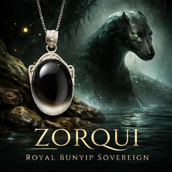 Zorqui Royal Bunyip Pendant — Dark Stone Silver-Plated Necklace — Spirit Companion Binding