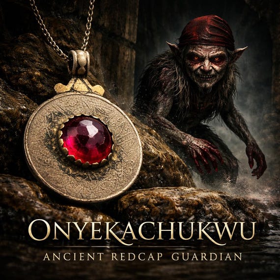 Onyekachukwu Redcap Pendant — Engraved Kuchi Jewelry with Red Stone — Spirit Companion Binding