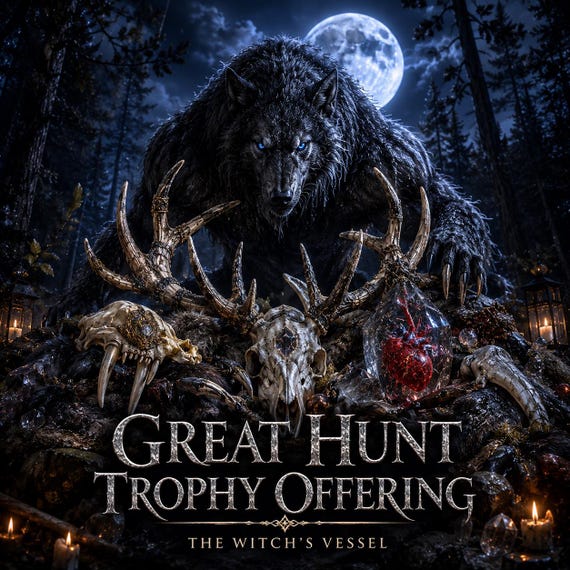 Great Hunt Trophy Offering — Werewolf Companion Victory Ritual — Predatory Status Reinforcement — Astral Presentation