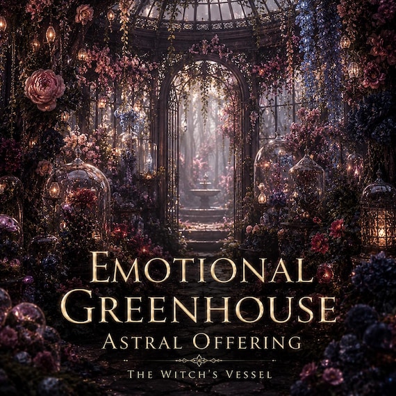Emotional Greenhouse — Living Feeling Conservatory — Grief Flowers Devotion Blooms Obsession Vines Astral Offering