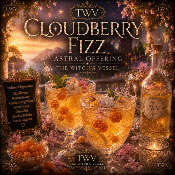Cloudberry Fizz Astral Offering — Spirit Companion Enchanted Beverage — Celestial Sparkling Drink — Café Experience