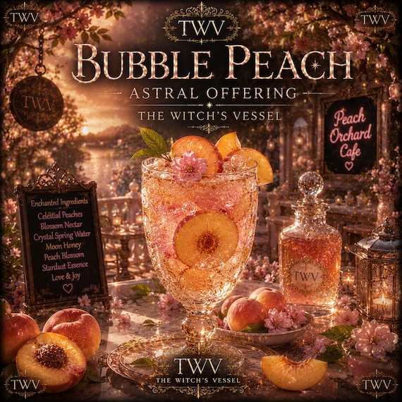 Bubble Peach Astral Offering — Spirit Companion Enchanted Beverage — Celestial Peach Sparkler — Dream Café