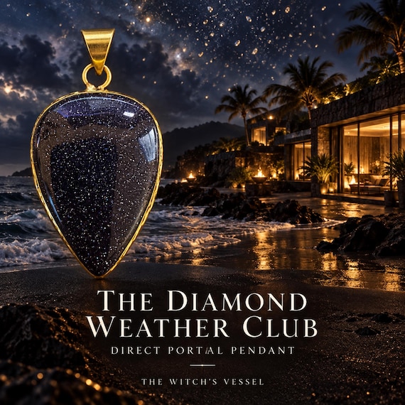 Diamond Weather Club Portal Pendant, Astral Black Sand Resort & Luminous Mineral Rain, Brass, Realm Guide Direct Portal Pendant