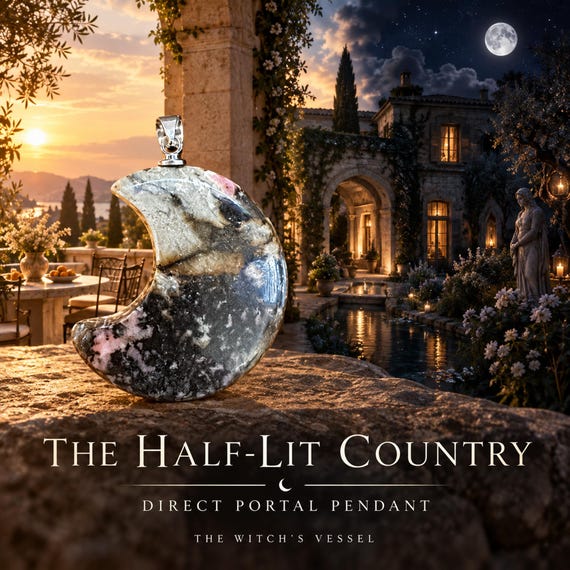Half-Lit Country Portal Pendant, Crescent Moon Astral Home Between Day & Night, Realm Guide Direct Portal