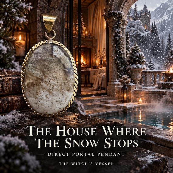 House Where the Snow Stops Portal Pendant, Astral Winter Retreat & Suspended Snowfall, Brass Pendant, Realm Guide Direct Portal