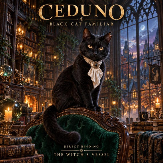 Black Cat Spirit Companion, Ceduno Direct Binding, Gothic Familiar Companion Profile