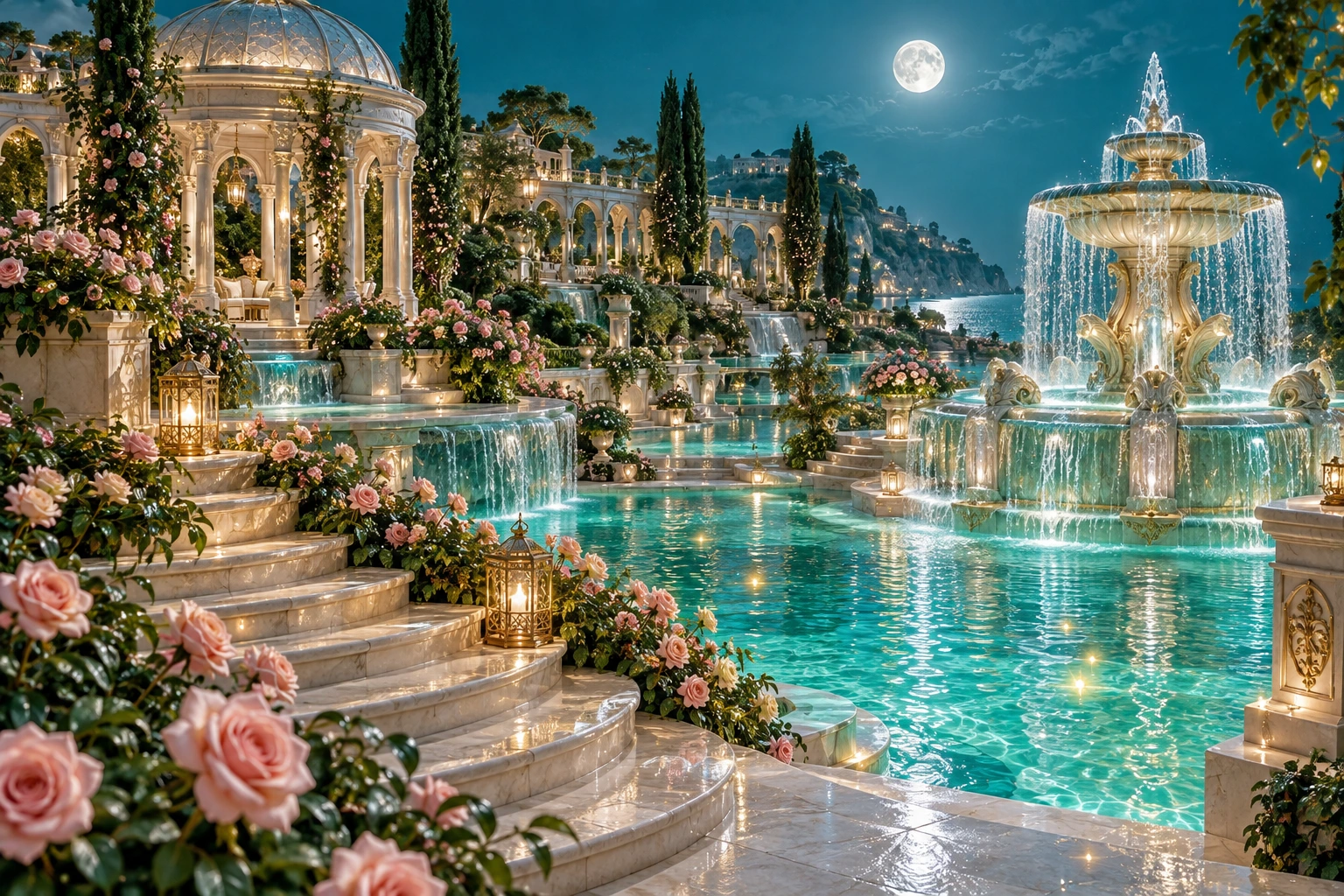 Pearl terraces and luminous turquoise pools in an enchanted garden