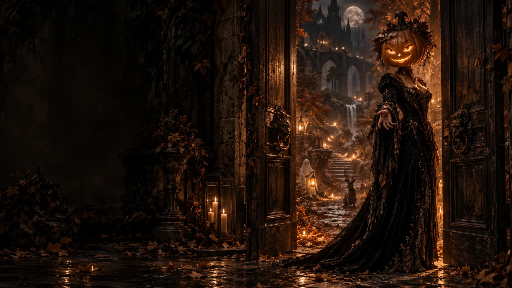 A pumpkin-headed ghoulwoman welcomes you through a glowing gothic doorway