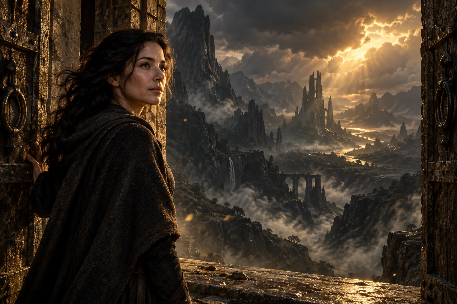 A woman at the threshold of a luminous otherworld, pausing before stepping into magick